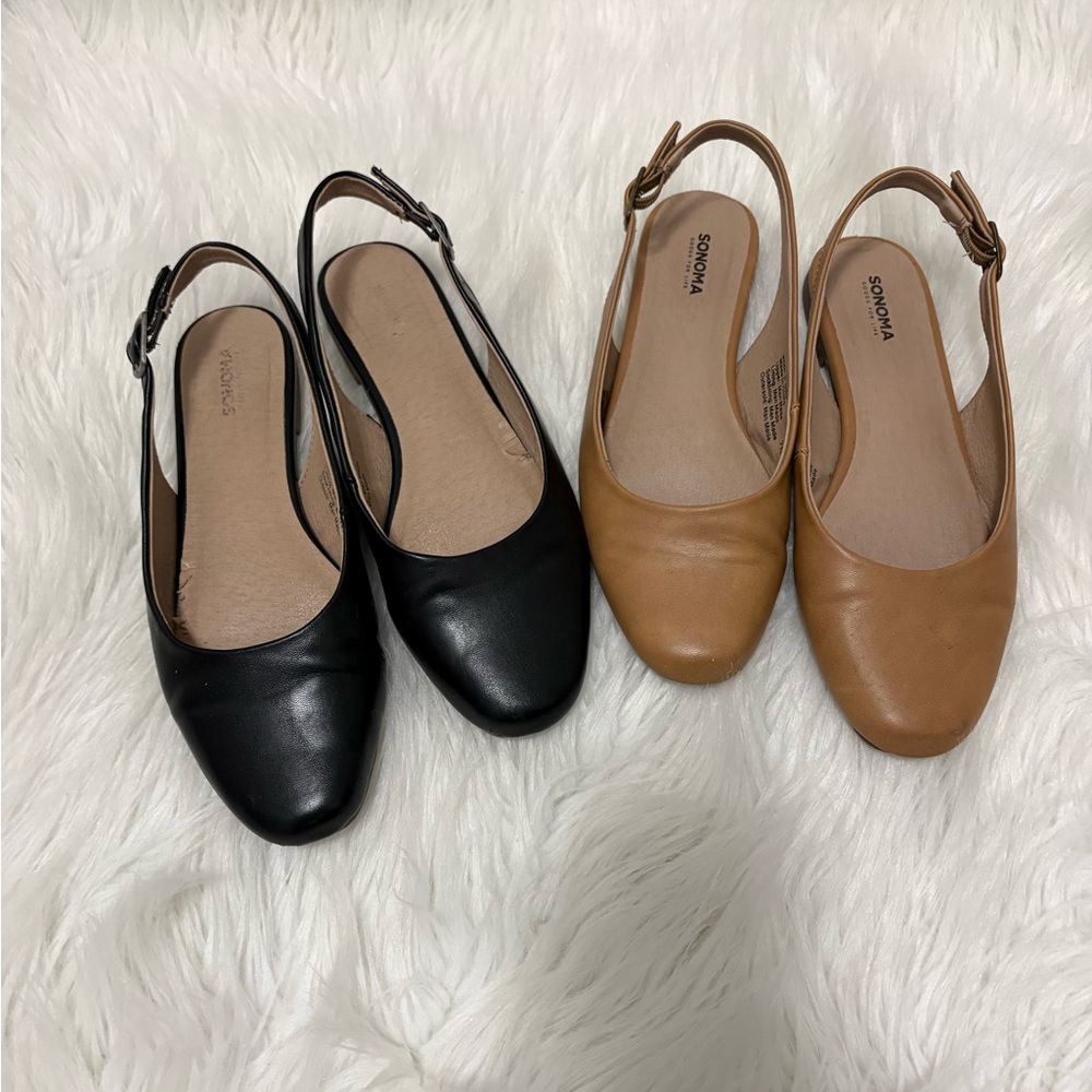Two Slingback Flats in Black & Tan
